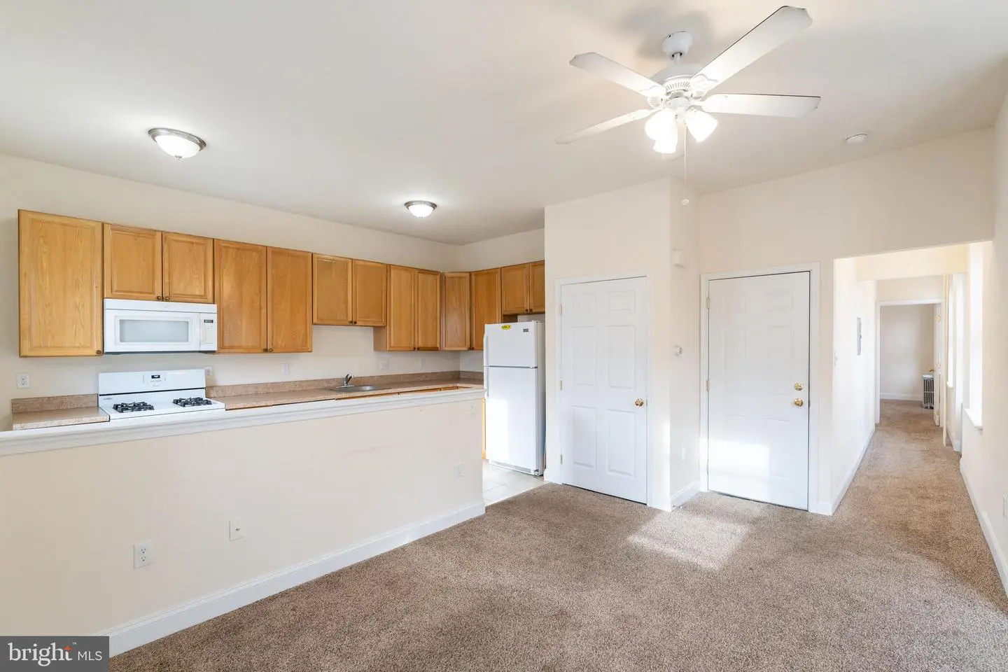 Open living room with kitchen and ceiling fan