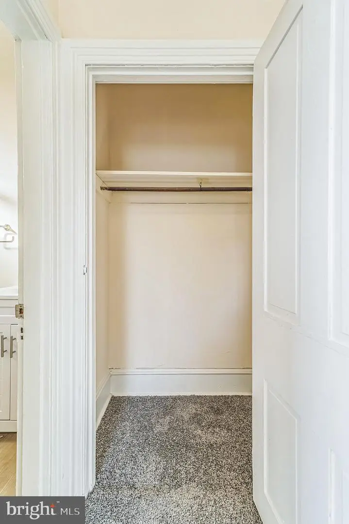 Empty carpeted closet with shelf and rod