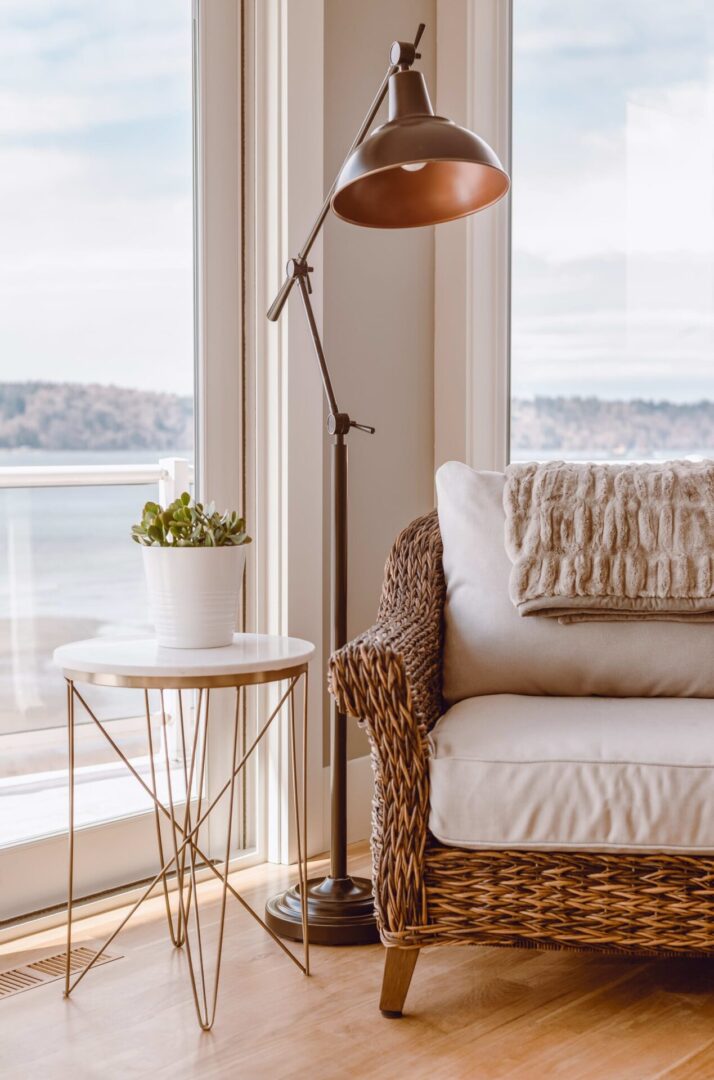 Modern lamp beside a potted plant