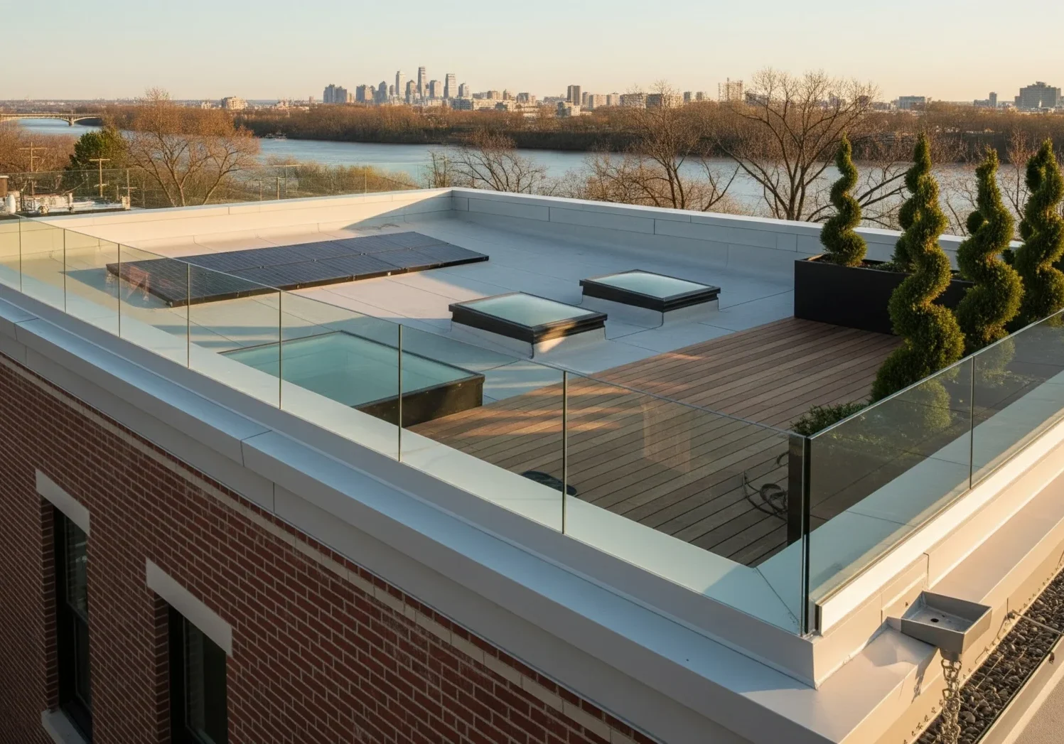 Urban rooftop with trees and solar panels