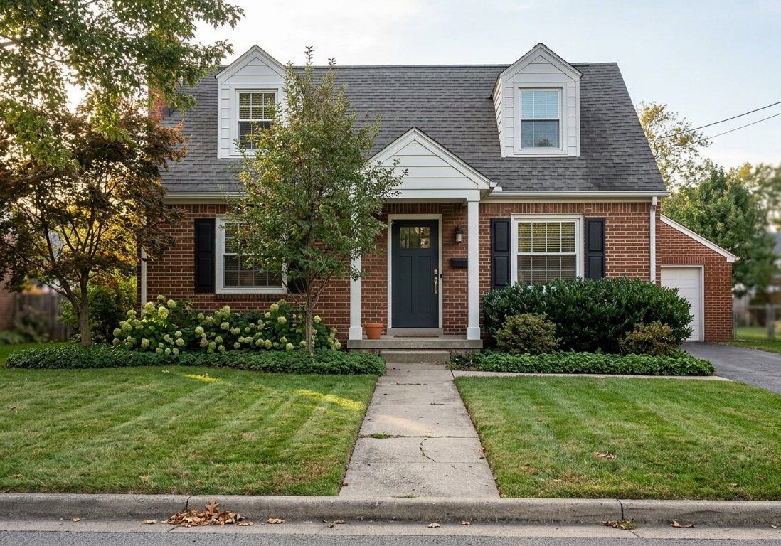 Brick house with green lawn and trees.