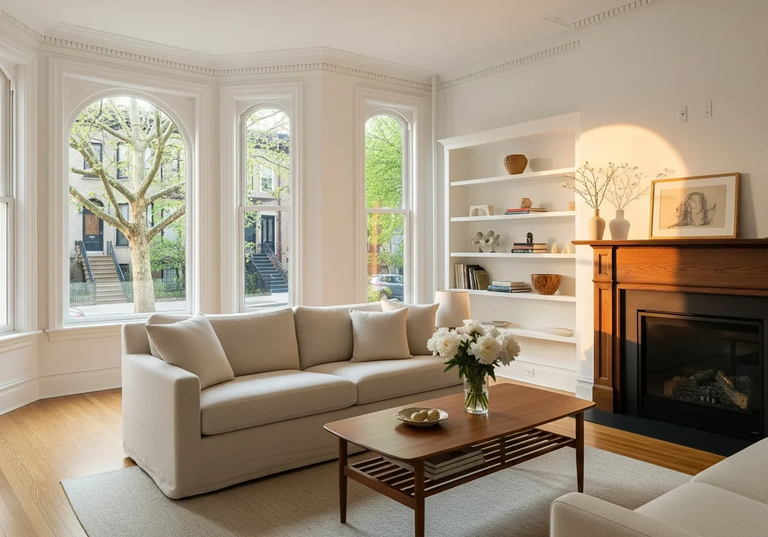 Bright living room with fireplace