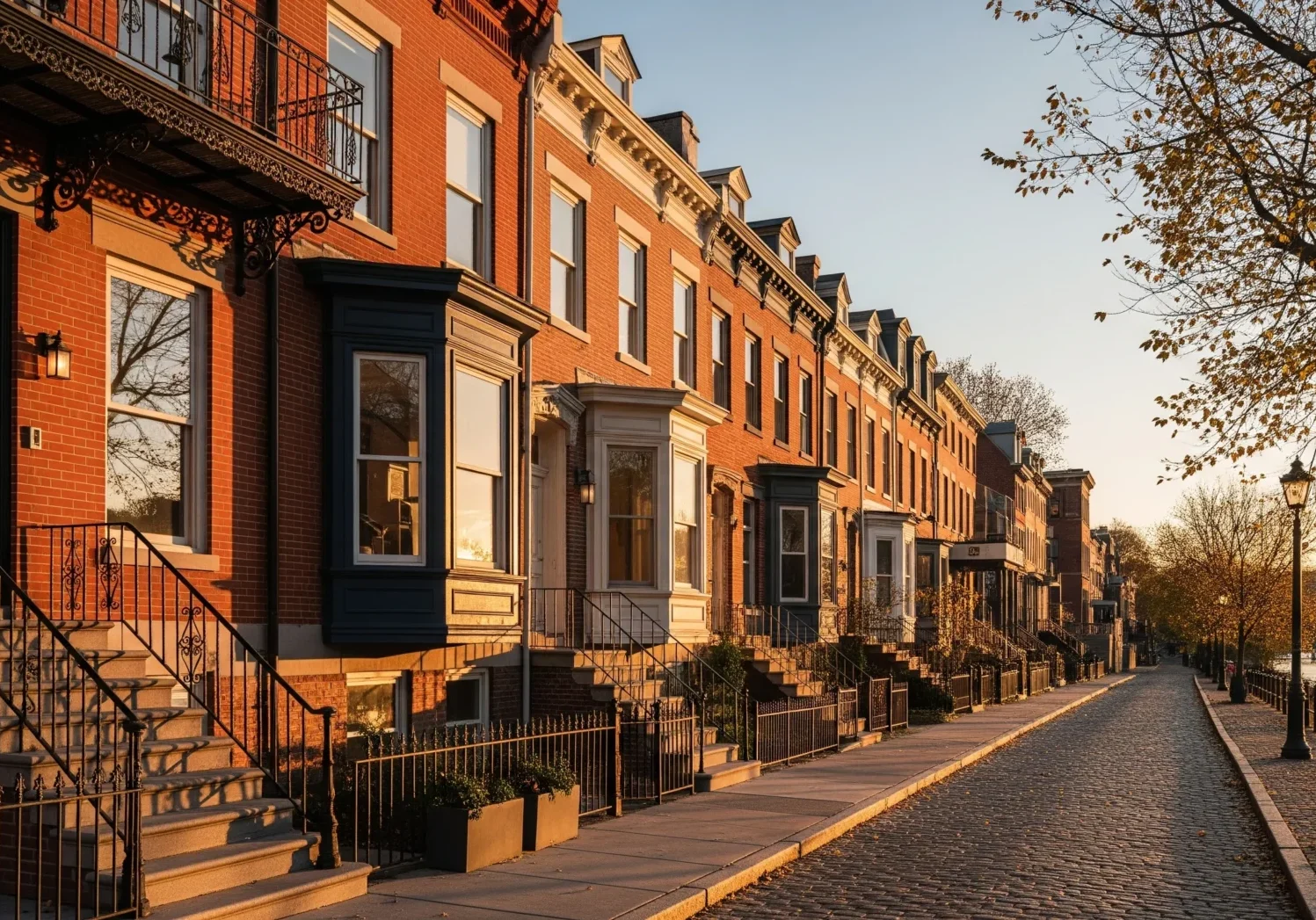 Charming brick homes at sunset