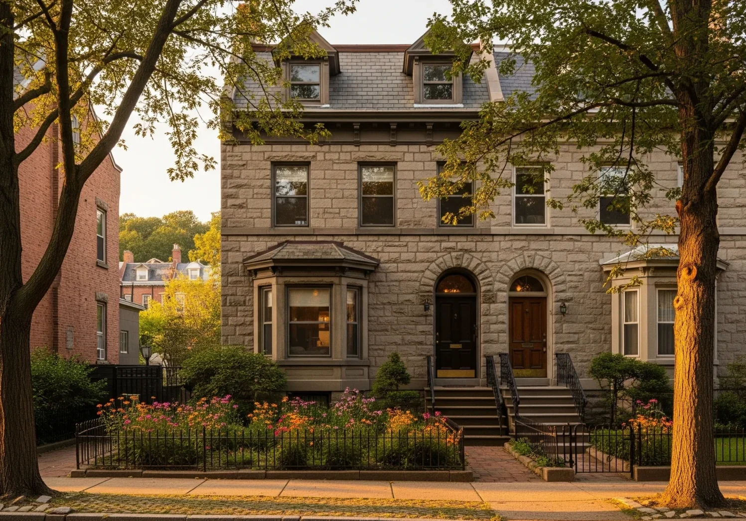 Charming residential street at sunset